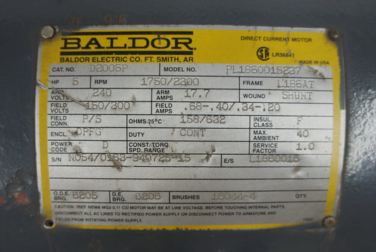 Baldor D2005P 5 HP L186AT 1750 RPM 240 V Direct Current DC Motor (reconditioned)