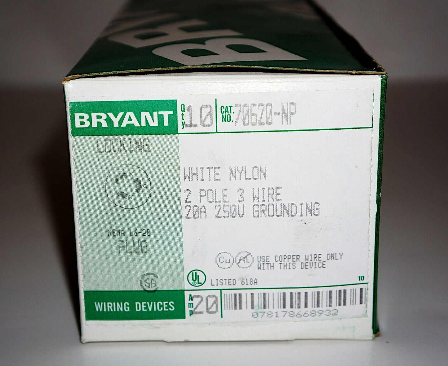 NEMA L6-20 20 Amp 250V Locking Plug Bryant 70620