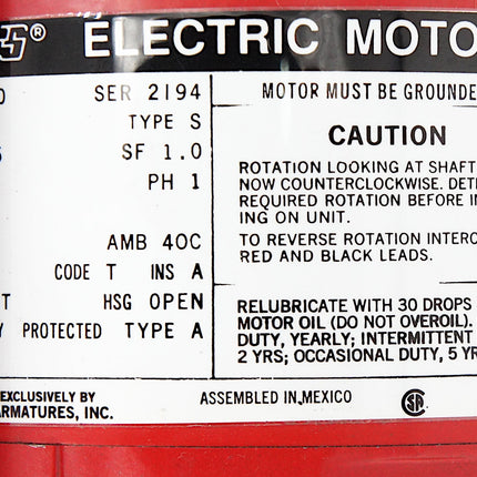 Mars 10450 Circullating Pump Motor 1/8 HP 1725 RPM 48Y (NEW)
