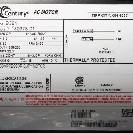 Century B384 Single-Phase 5 HP 3450 RPM R56Y Compressor Motor