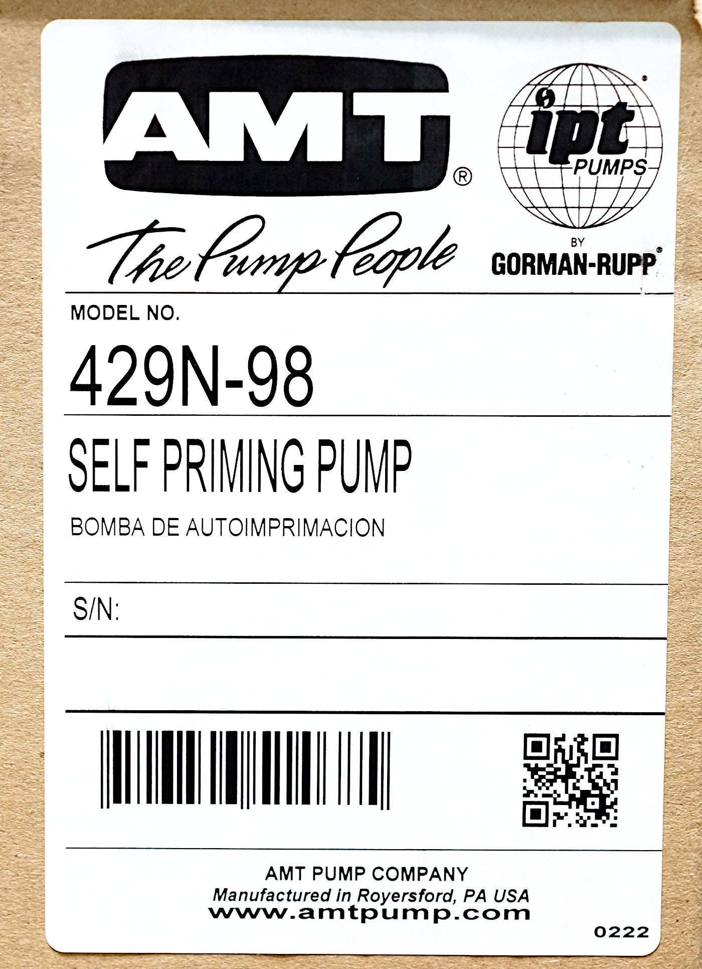 AMT 429N-98 Self-Priming Stainless Pump with Base 66 GPM, 1" 2 HP