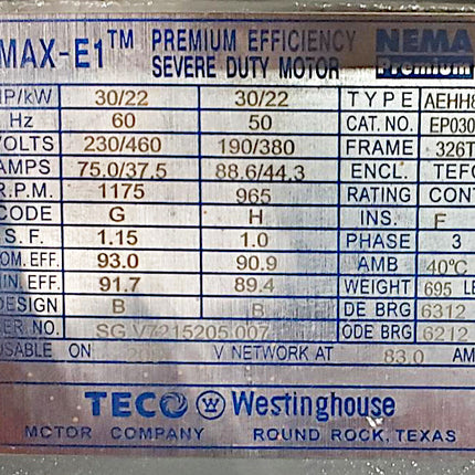 Teco EP0306 30 HP 3-Phase Motor 1175 RPM 326T TEFC 230/460V