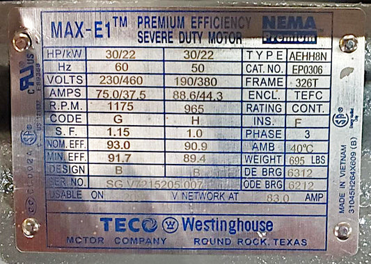 Teco EP0306 30 HP 3-Phase Motor 1175 RPM 326T TEFC 230/460V