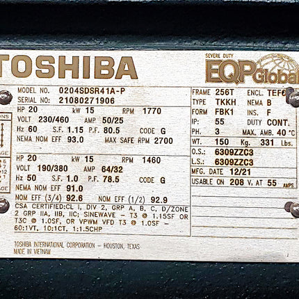 Toshiba 0204SDSR41A-P EQP Severe Duty Motor, 20 HP 1770 RPM 256T TEFC 230/460V