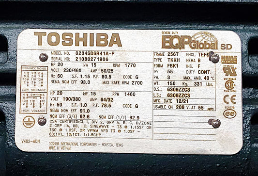 Toshiba 0204SDSR41A-P EQP Severe Duty Motor, 20 HP 1770 RPM 256T TEFC 230/460V