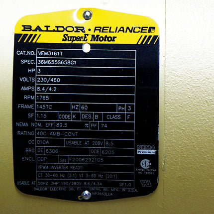 Baldor VEM3161T 3-Phase Motor 3 HP 145TC 1765 RPM
