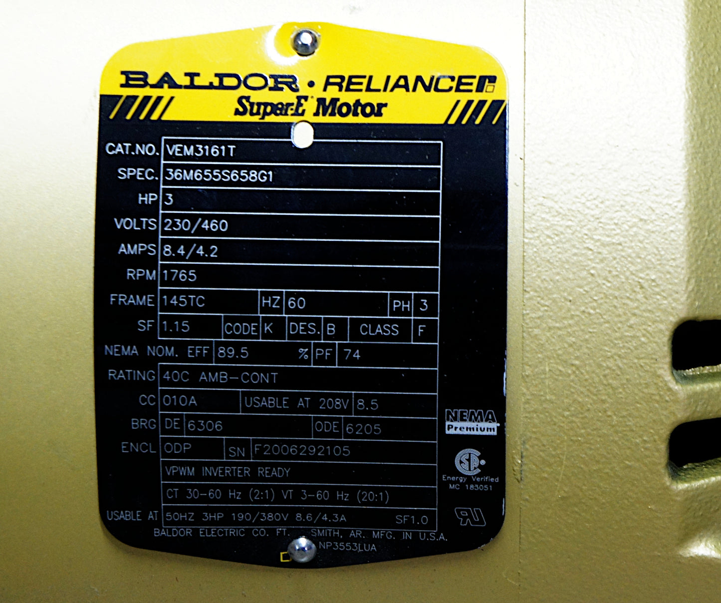 Baldor VEM3161T 3-Phase Motor 3 HP 145TC 1765 RPM