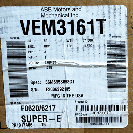Baldor VEM3161T 3-Phase Motor 3 HP 145TC 1765 RPM