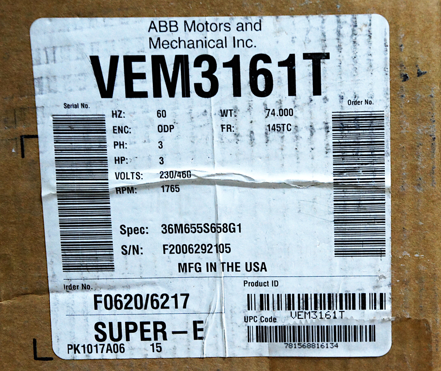 Baldor VEM3161T 3-Phase Motor 3 HP 145TC 1765 RPM